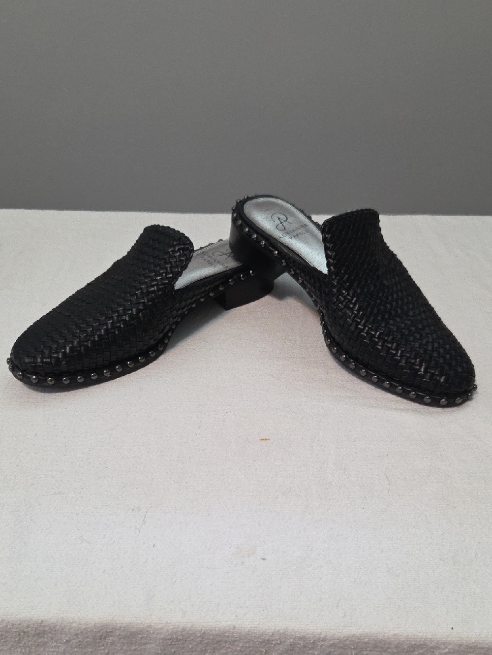 Adrianna Papell Black Woven Slip-On Mules with Stud Trim